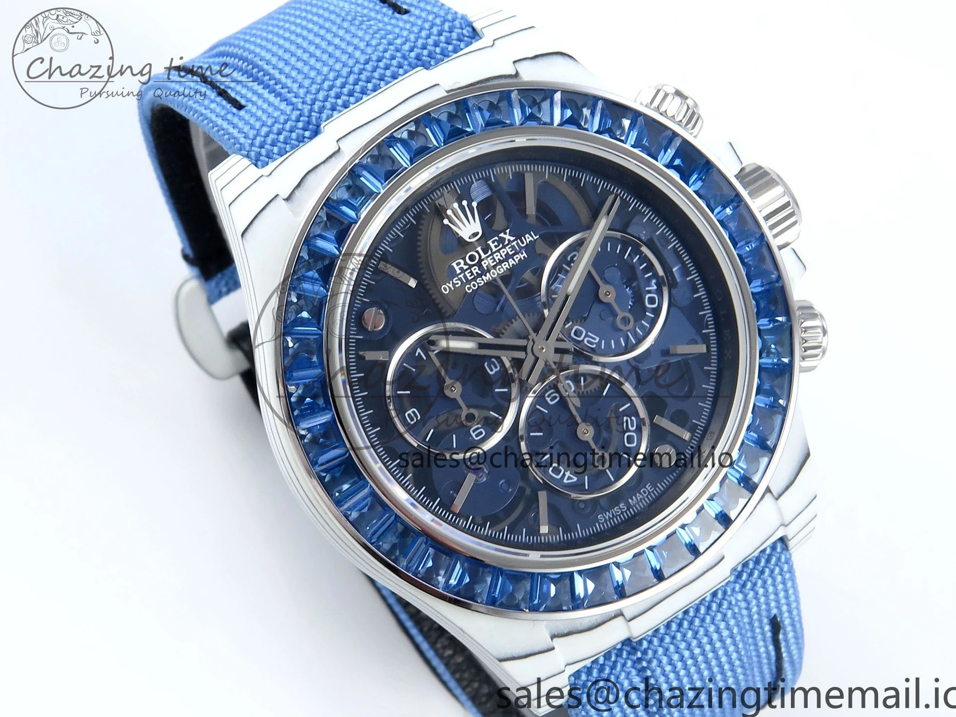 0501 Daytona ZIF REMOULD White Carbon GETF Best Edition Blue Skeleton Dial Blue Diamonds Bezel on Blue Nylon Strap DD Fashionable 366